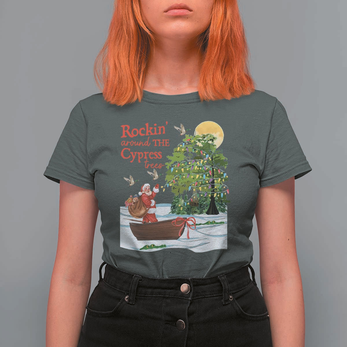 Funny Christmas Cajun Louisiana T Shirt For Women Rockin' Around The Cypress Trees Santa Alligator - Wonder Print Shop