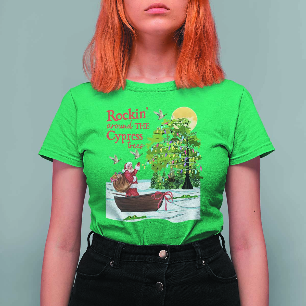 Funny Christmas Cajun Louisiana T Shirt For Women Rockin' Around The Cypress Trees Santa Alligator - Wonder Print Shop