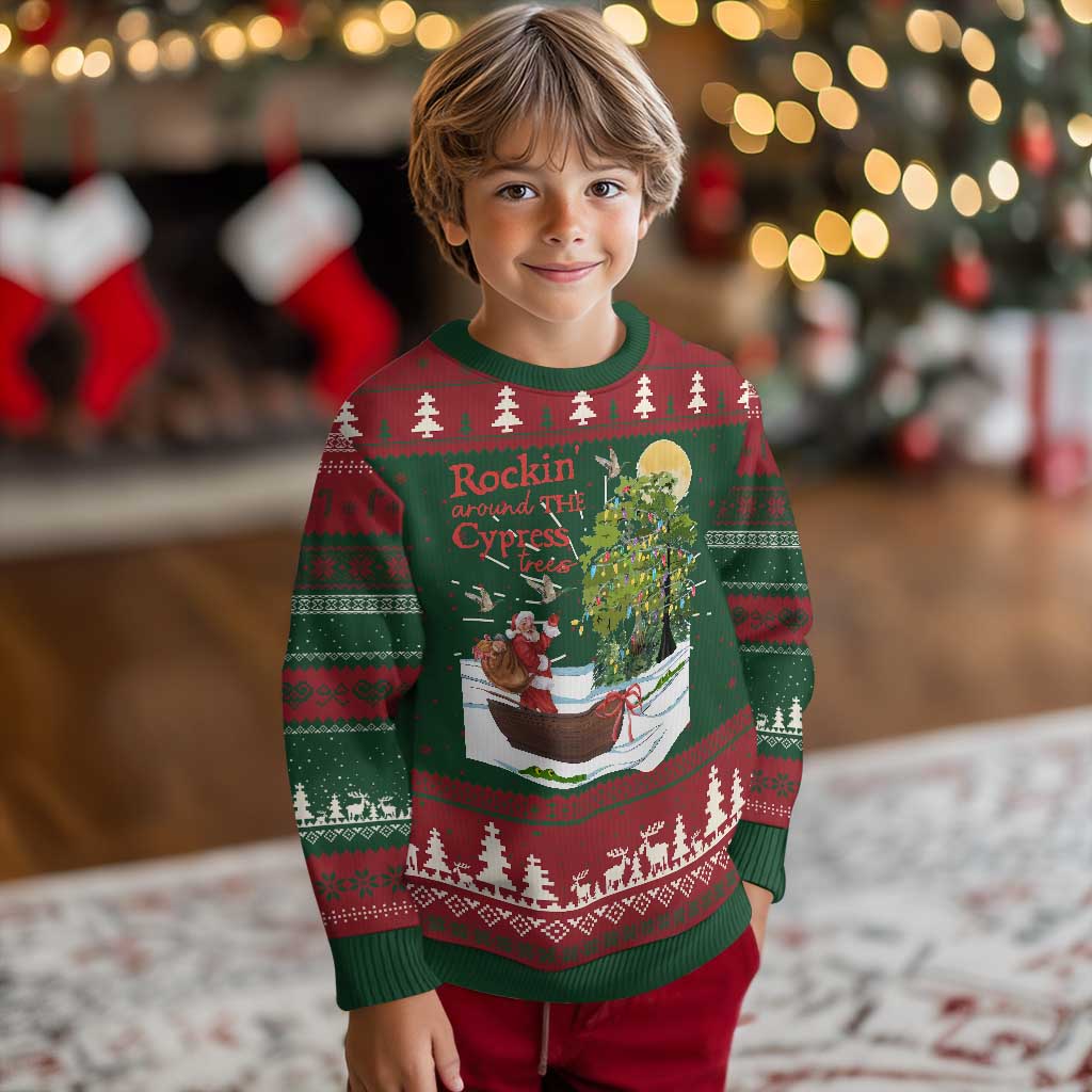 Funny Xmas Cajun Louisiana Ugly Christmas Sweater Rockin' Around The Cypress Trees Santa Alligator - Wonder Print Shop