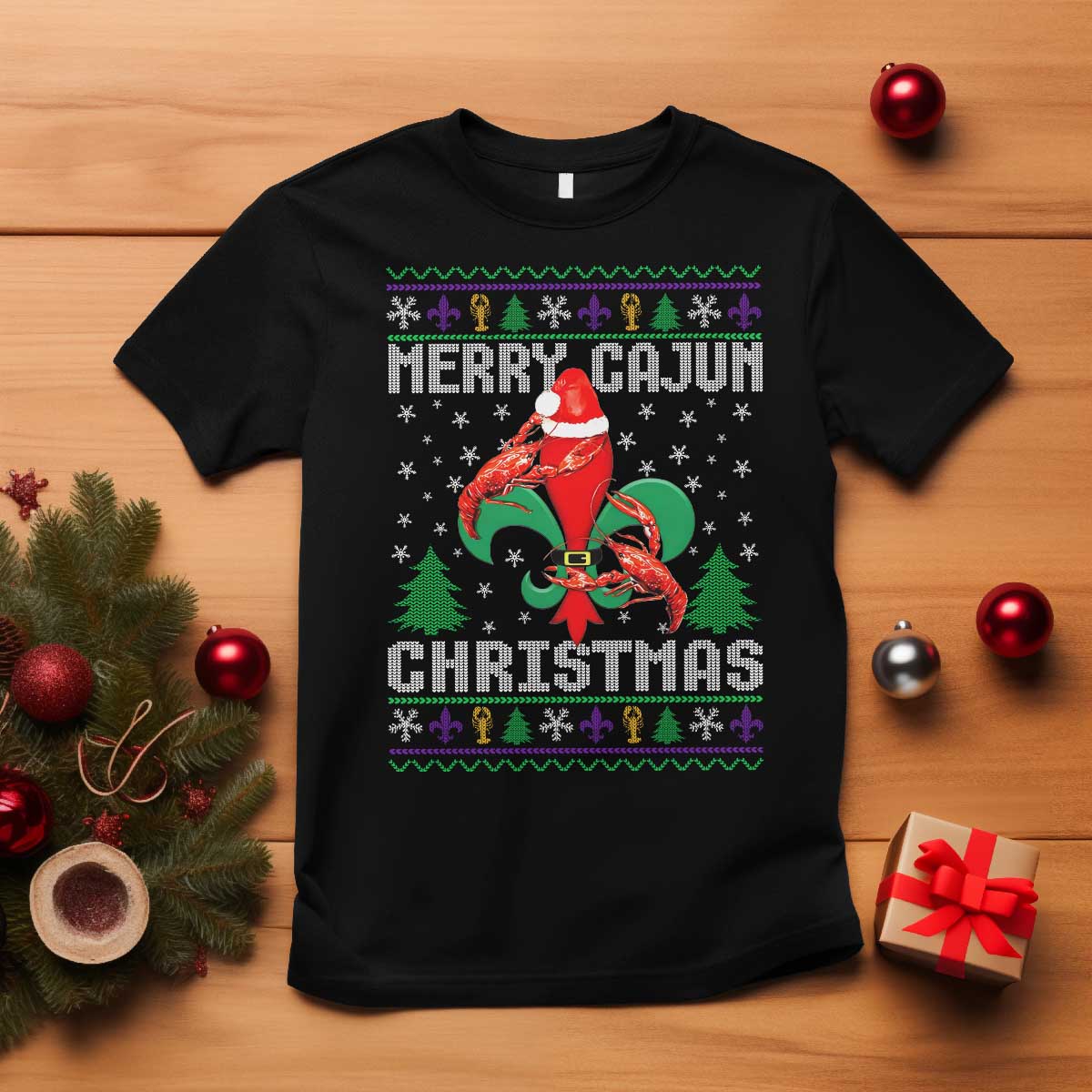 Merry Cajun Louisiana Christmas Santa Saint Symbol Crawfish T Shirt - Wonder Print Shop