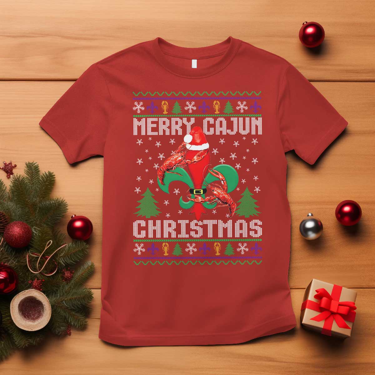 Merry Cajun Louisiana Christmas Santa Saint Symbol Crawfish T Shirt - Wonder Print Shop