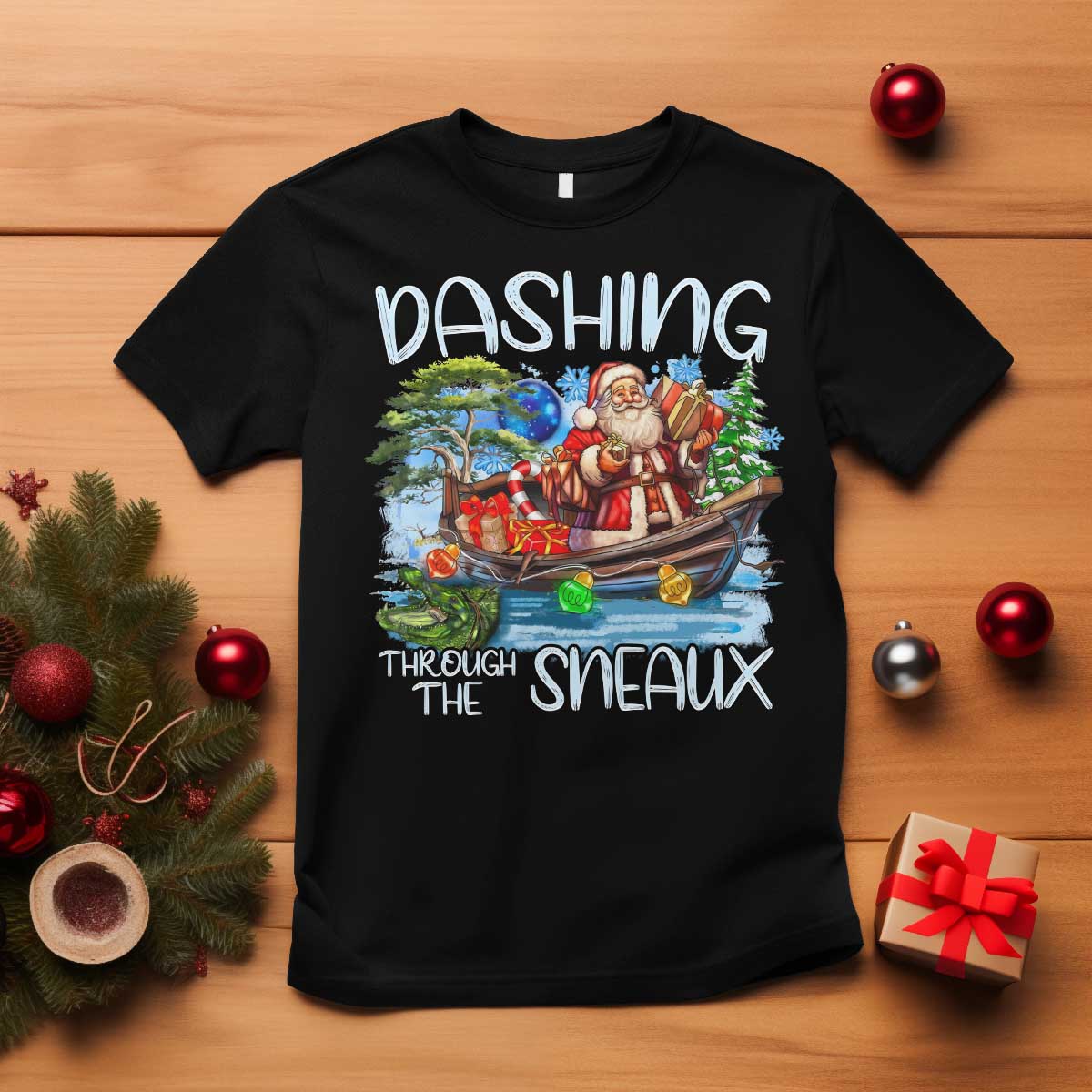 Funny Christmas Cajun Louisiana T Shirt Dashing Through The Sneaux Santa Alligator - Wonder Print Shop