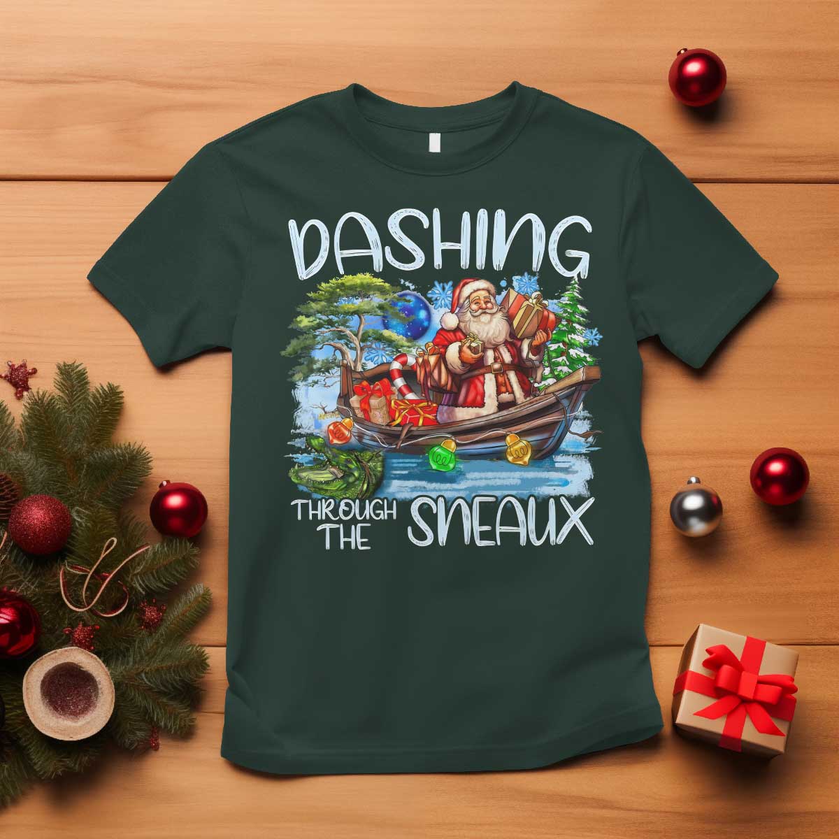 Funny Christmas Cajun Louisiana T Shirt Dashing Through The Sneaux Santa Alligator - Wonder Print Shop