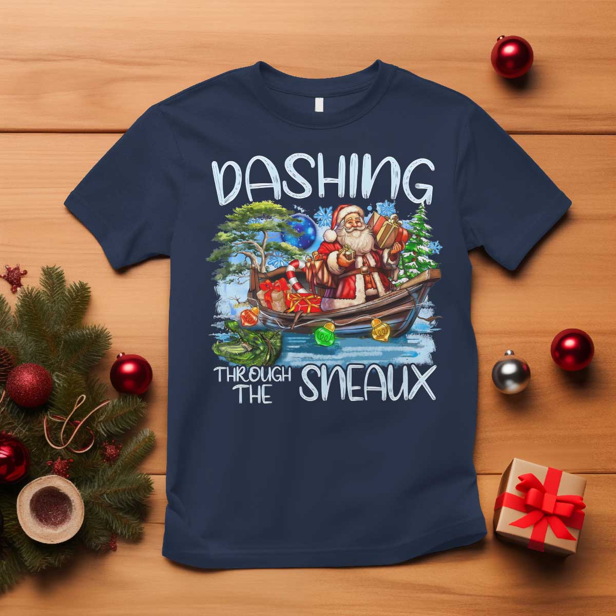 Funny Christmas Cajun Louisiana T Shirt Dashing Through The Sneaux Santa Alligator - Wonder Print Shop