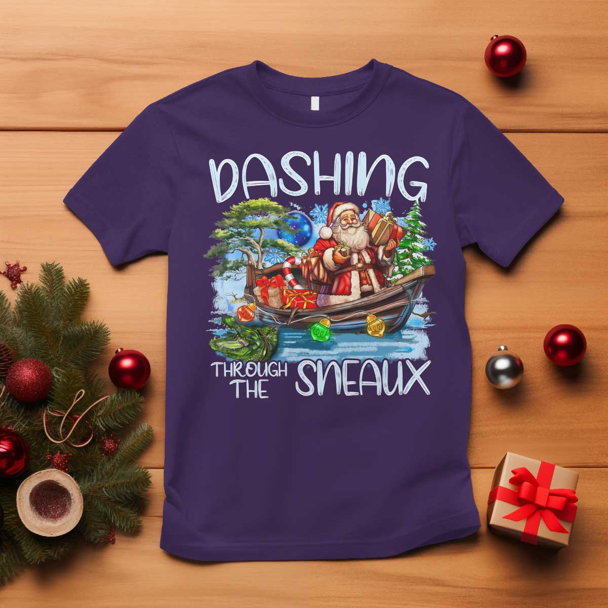 Funny Christmas Cajun Louisiana T Shirt Dashing Through The Sneaux Santa Alligator - Wonder Print Shop