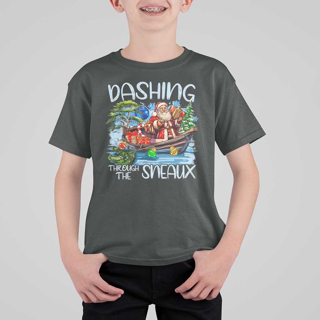 Funny Christmas Cajun Louisiana T Shirt For Kid Dashing Through The Sneaux Santa Alligator - Wonder Print Shop