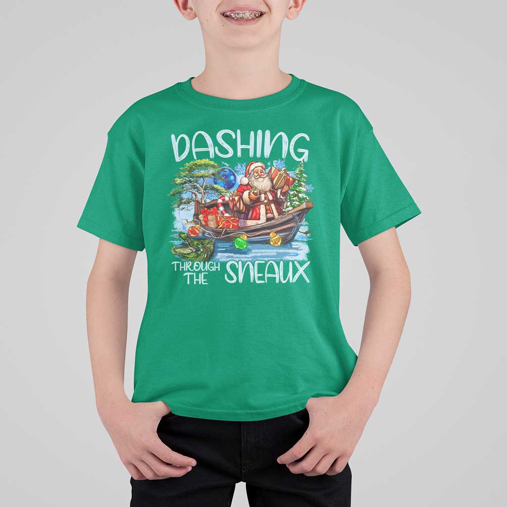 Funny Christmas Cajun Louisiana T Shirt For Kid Dashing Through The Sneaux Santa Alligator - Wonder Print Shop