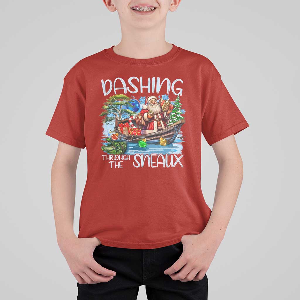 Funny Christmas Cajun Louisiana T Shirt For Kid Dashing Through The Sneaux Santa Alligator - Wonder Print Shop