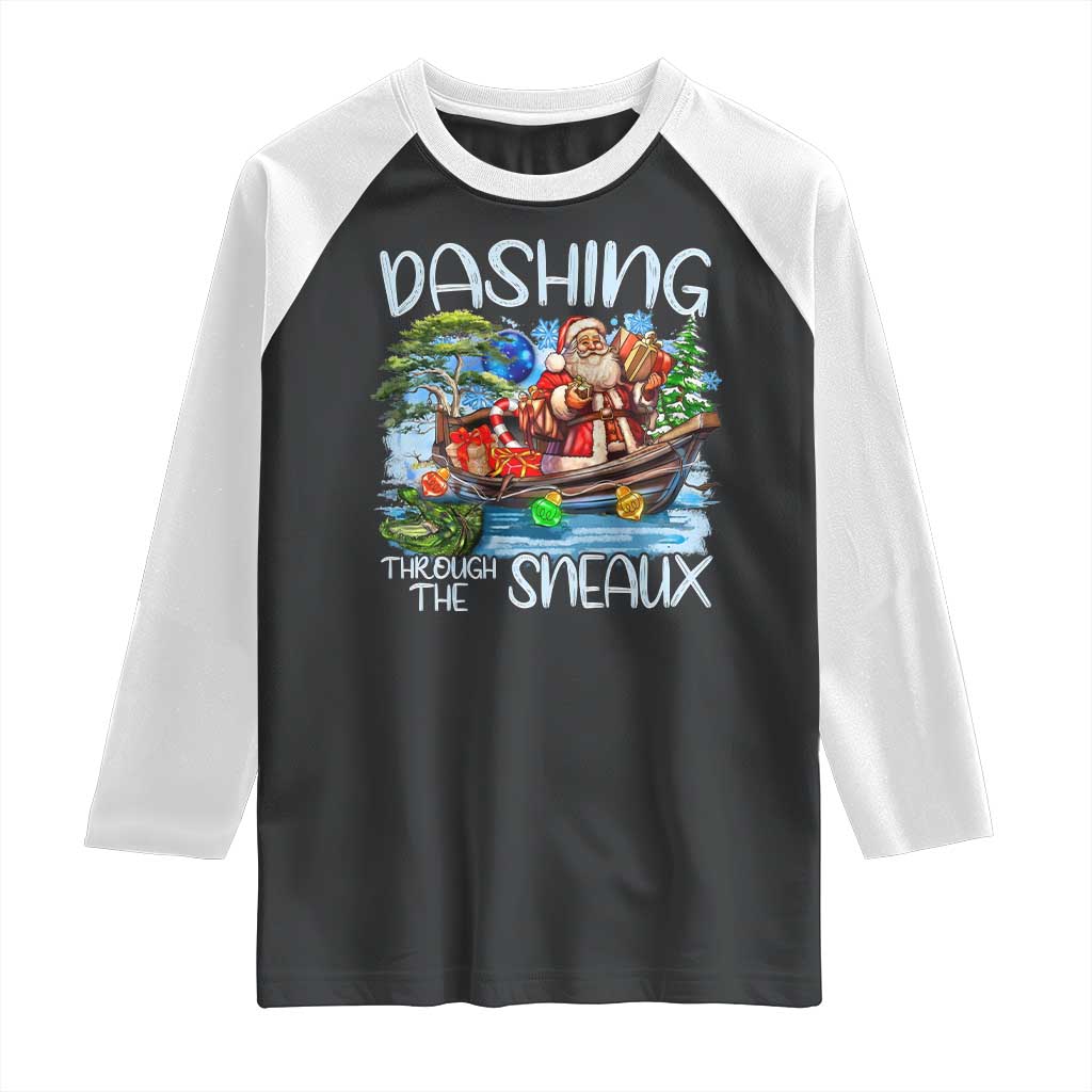 Funny Christmas Cajun Louisiana Raglan Shirt Dashing Through The Sneaux Santa Alligator - Wonder Print Shop