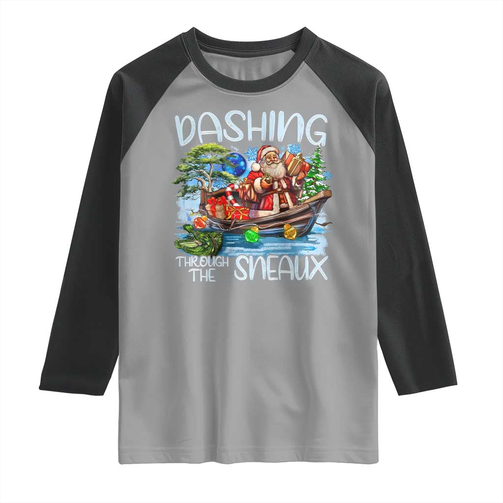 Funny Christmas Cajun Louisiana Raglan Shirt Dashing Through The Sneaux Santa Alligator - Wonder Print Shop