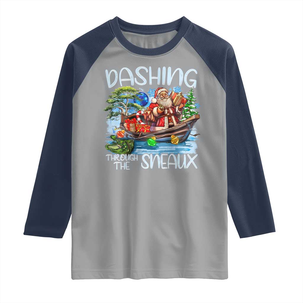 Funny Christmas Cajun Louisiana Raglan Shirt Dashing Through The Sneaux Santa Alligator - Wonder Print Shop