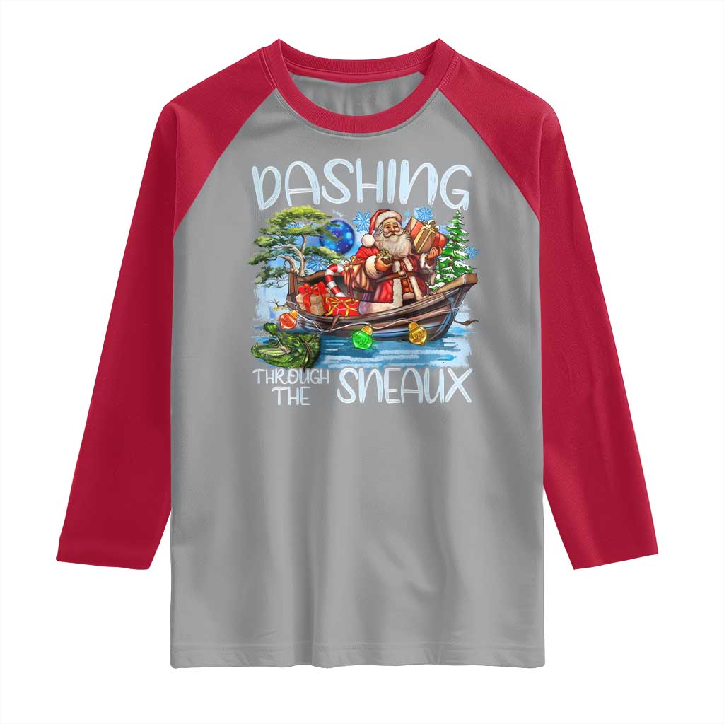 Funny Christmas Cajun Louisiana Raglan Shirt Dashing Through The Sneaux Santa Alligator - Wonder Print Shop