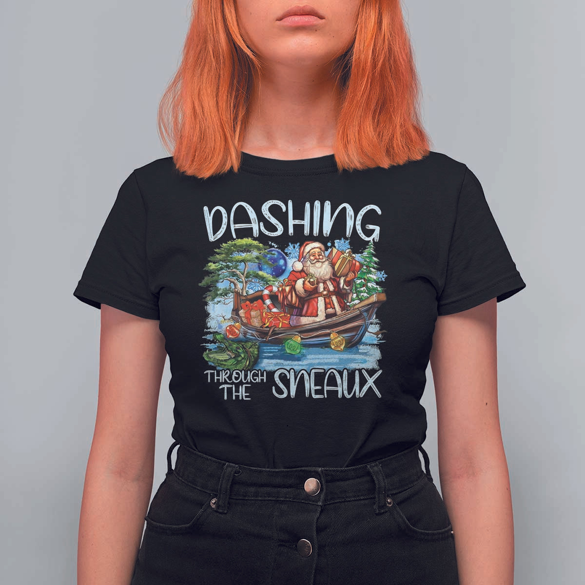 Funny Christmas Cajun Louisiana T Shirt For Women Dashing Through The Sneaux Santa Alligator - Wonder Print Shop