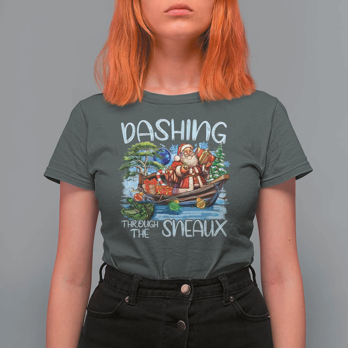 Funny Christmas Cajun Louisiana T Shirt For Women Dashing Through The Sneaux Santa Alligator - Wonder Print Shop