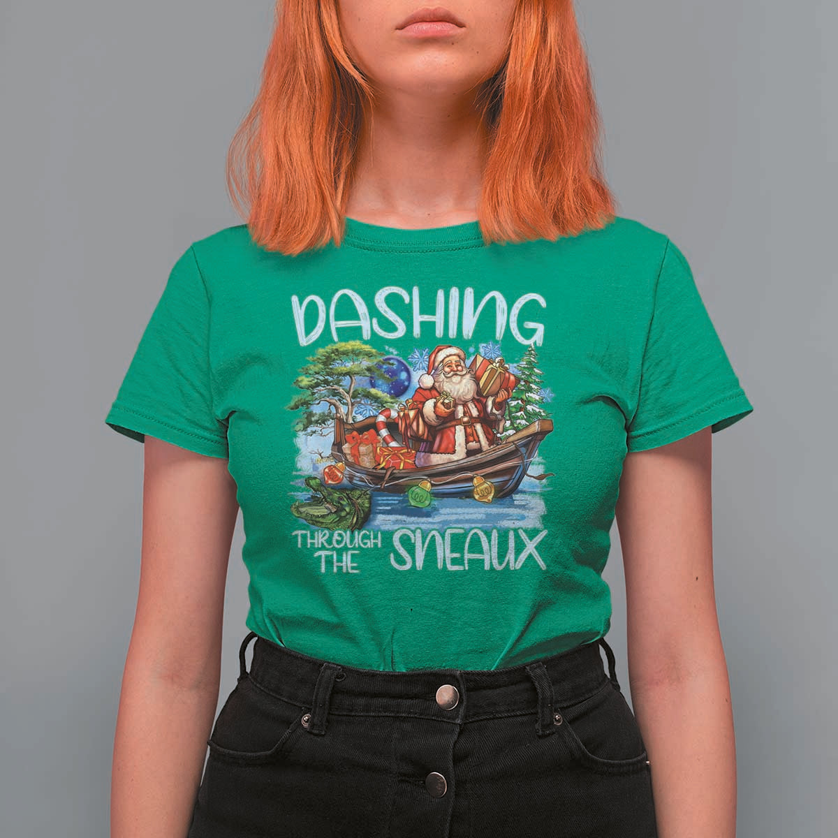 Funny Christmas Cajun Louisiana T Shirt For Women Dashing Through The Sneaux Santa Alligator - Wonder Print Shop
