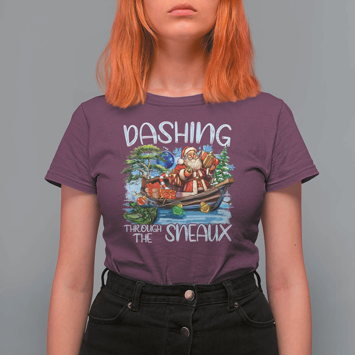 Funny Christmas Cajun Louisiana T Shirt For Women Dashing Through The Sneaux Santa Alligator - Wonder Print Shop