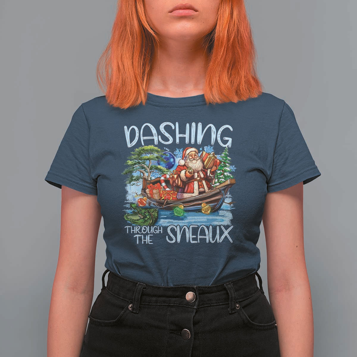 Funny Christmas Cajun Louisiana T Shirt For Women Dashing Through The Sneaux Santa Alligator - Wonder Print Shop