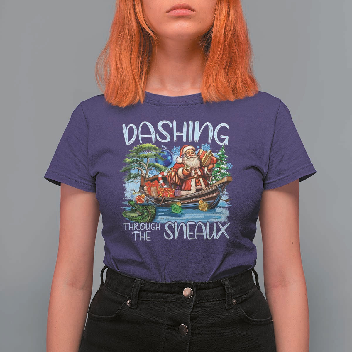 Funny Christmas Cajun Louisiana T Shirt For Women Dashing Through The Sneaux Santa Alligator - Wonder Print Shop