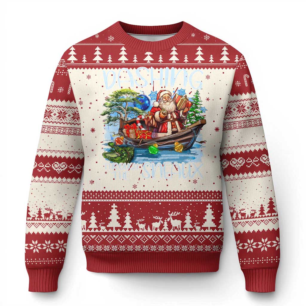 Funny Xmas Cajun Louisiana Ugly Christmas Sweater Dashing Through The Sneaux Santa Alligator - Wonder Print Shop