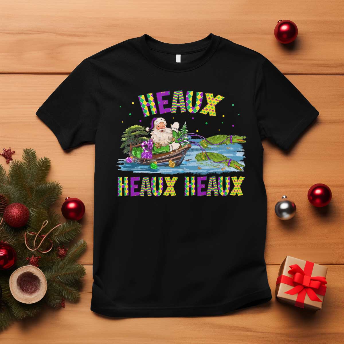 Funny Christmas Cajun Louisiana T Shirt Heaux Heaux Heaux Santa Alligator - Wonder Print Shop