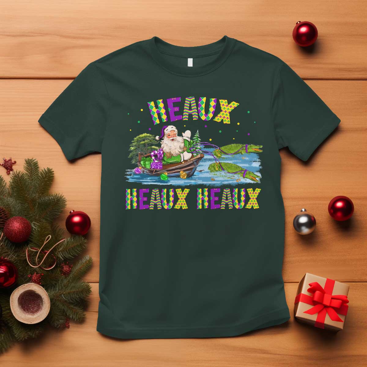 Funny Christmas Cajun Louisiana T Shirt Heaux Heaux Heaux Santa Alligator - Wonder Print Shop