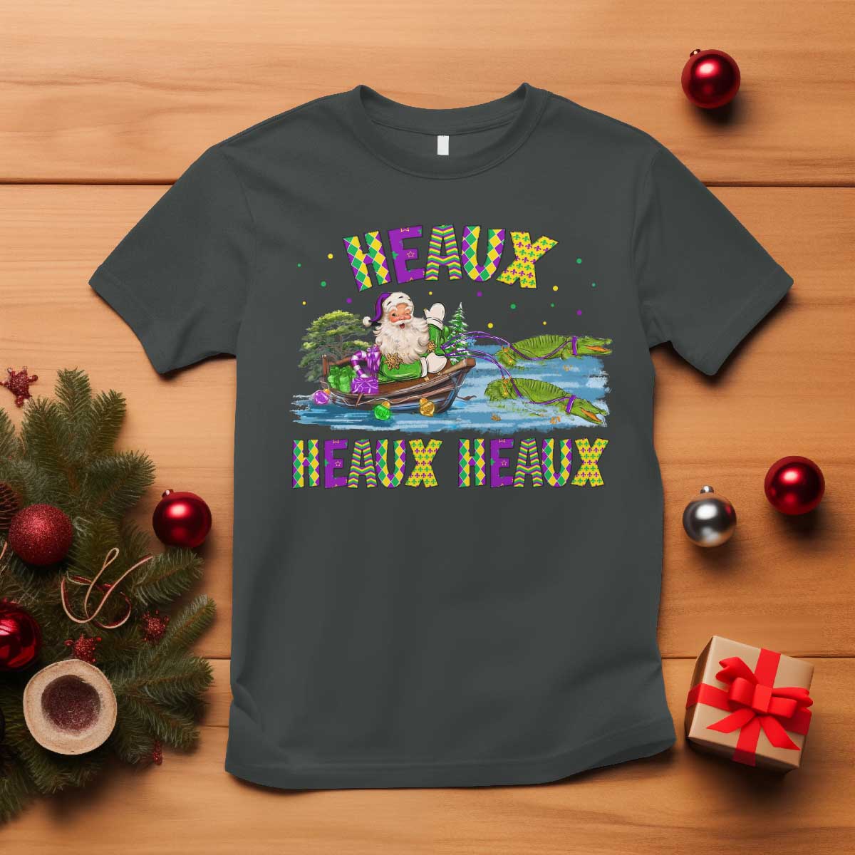 Funny Christmas Cajun Louisiana T Shirt Heaux Heaux Heaux Santa Alligator - Wonder Print Shop
