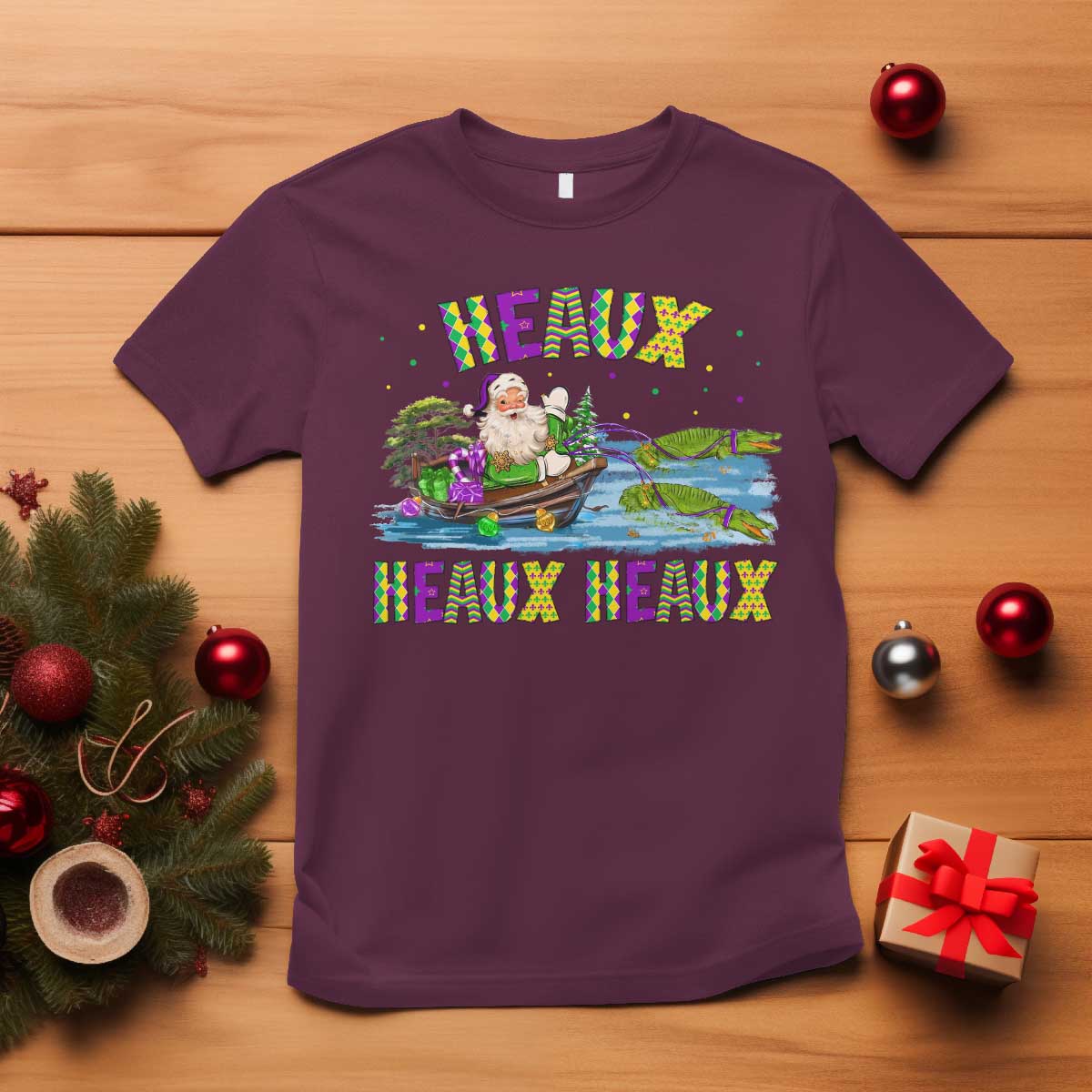 Funny Christmas Cajun Louisiana T Shirt Heaux Heaux Heaux Santa Alligator - Wonder Print Shop