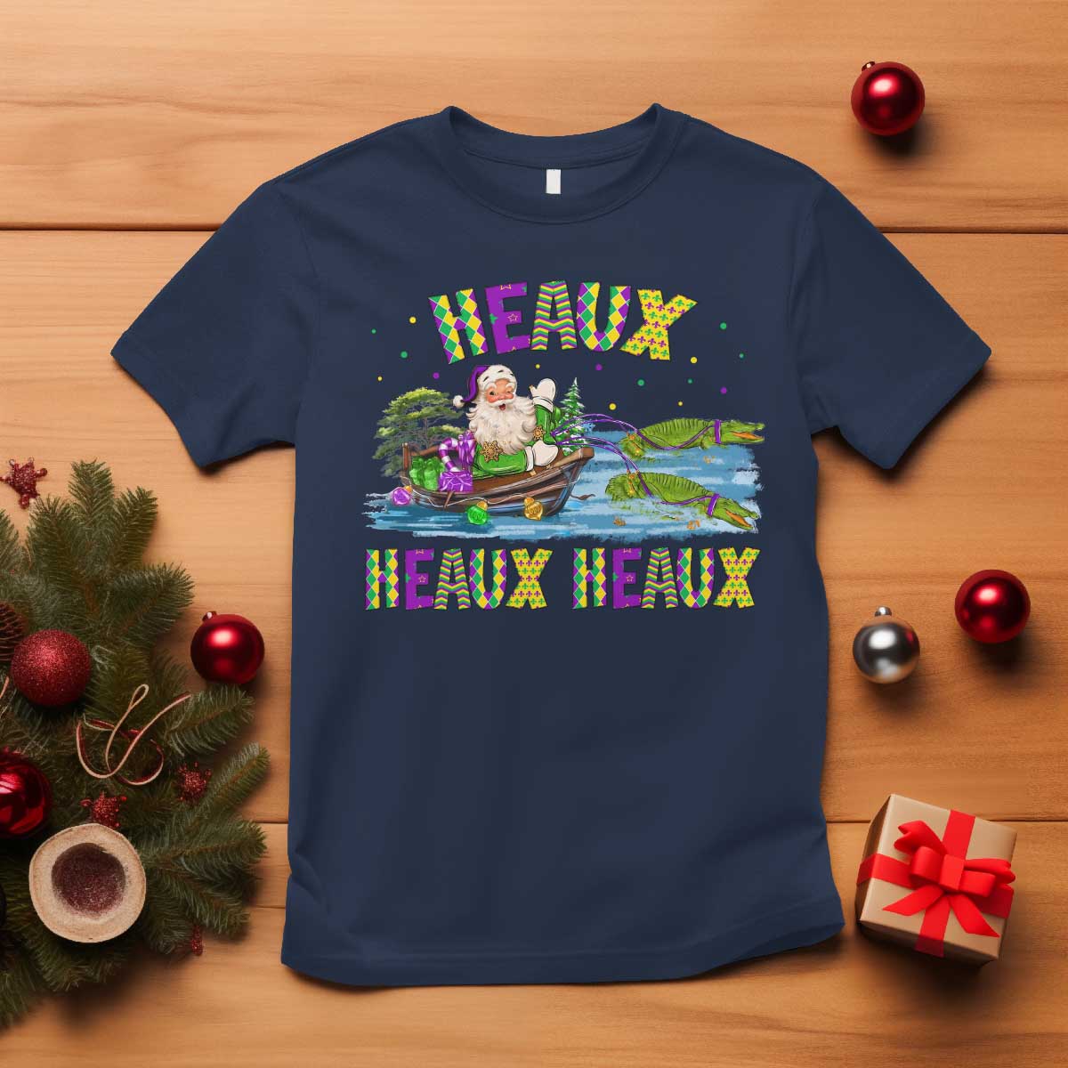 Funny Christmas Cajun Louisiana T Shirt Heaux Heaux Heaux Santa Alligator - Wonder Print Shop