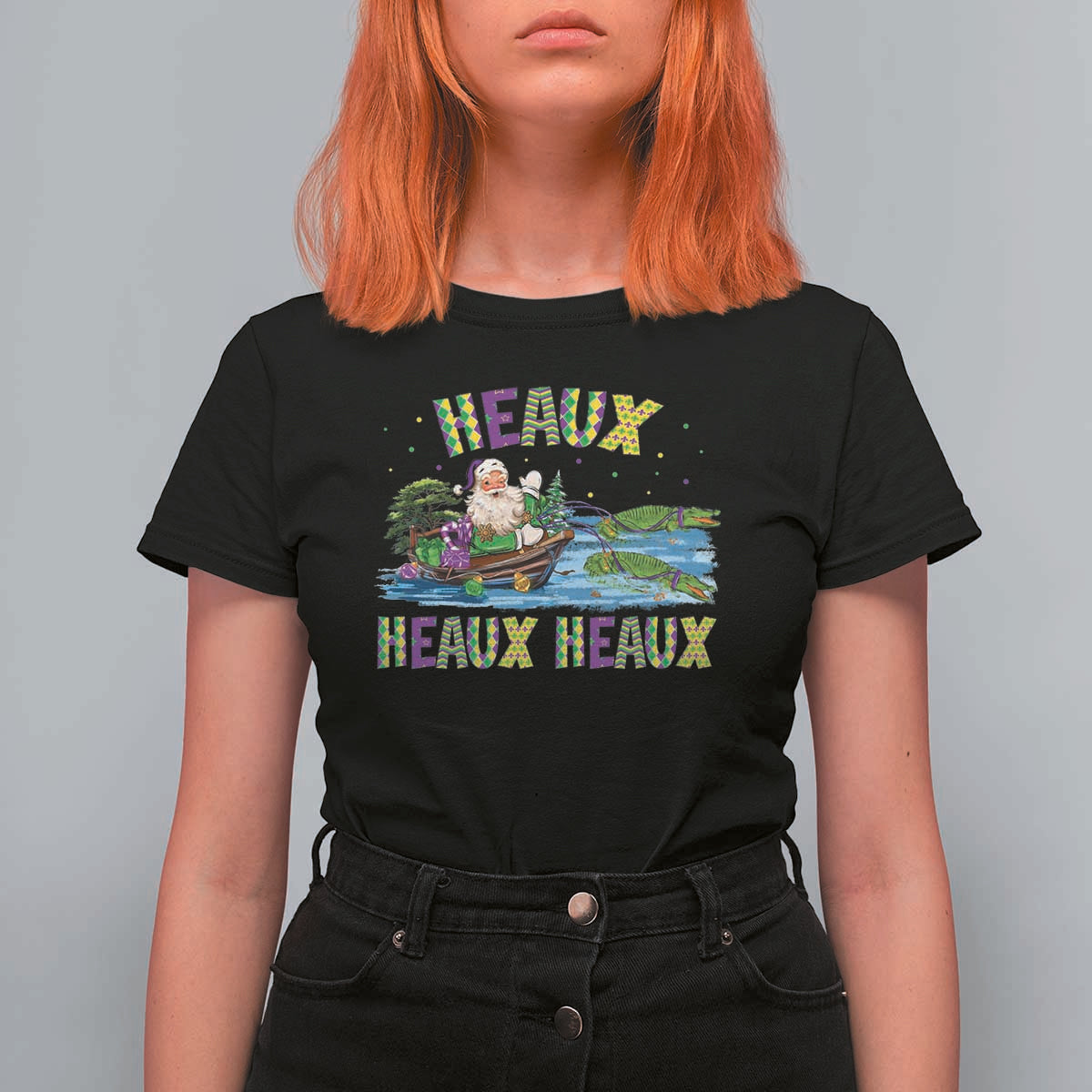 Funny Christmas Cajun Louisiana T Shirt For Women Heaux Heaux Heaux Santa Alligator - Wonder Print Shop