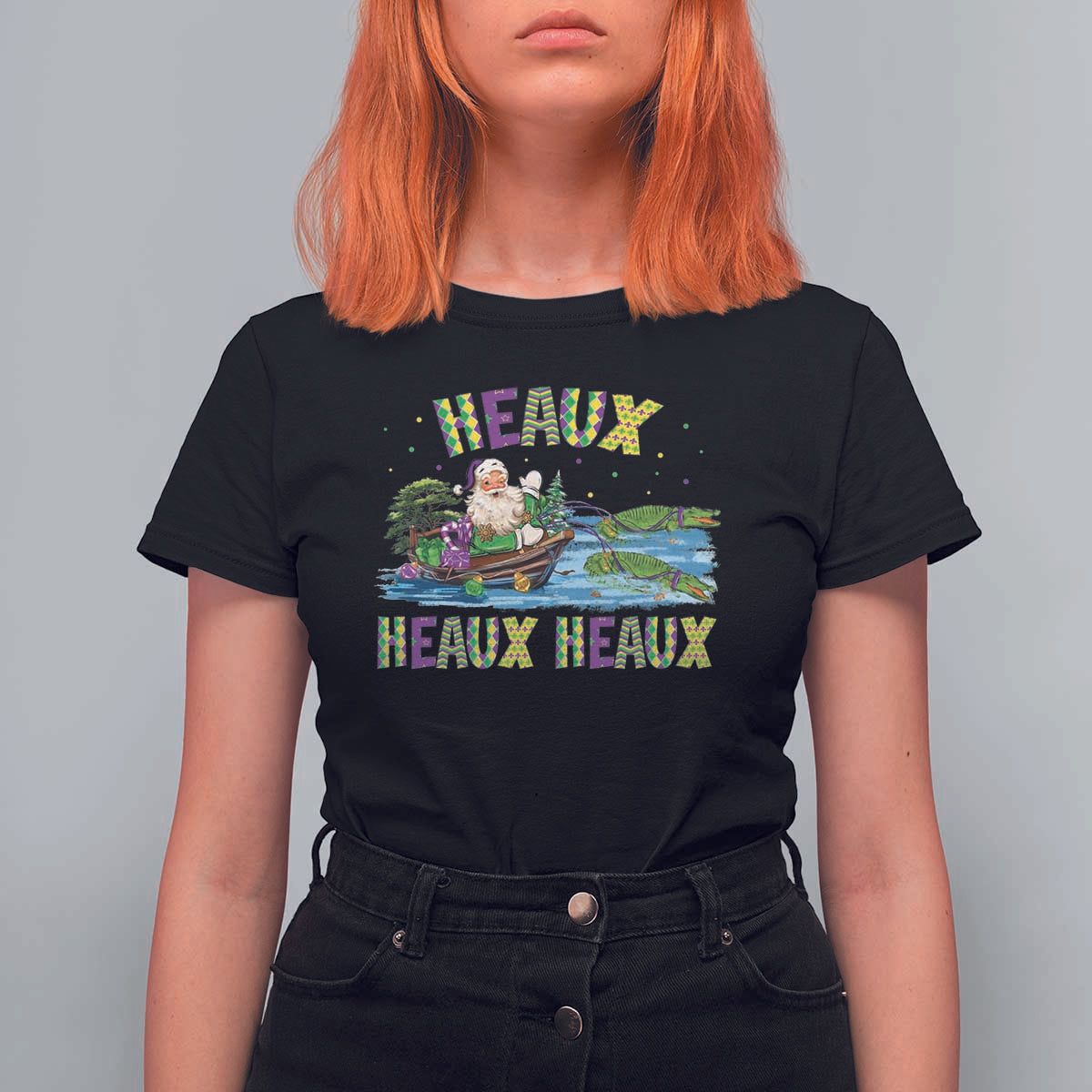 Funny Christmas Cajun Louisiana T Shirt For Women Heaux Heaux Heaux Santa Alligator - Wonder Print Shop