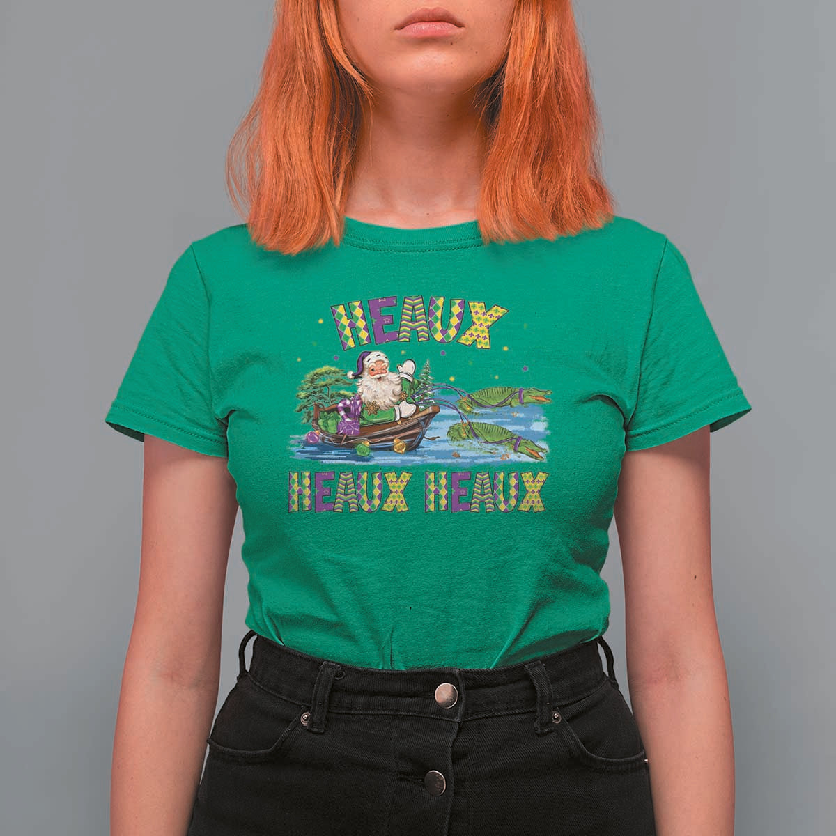 Funny Christmas Cajun Louisiana T Shirt For Women Heaux Heaux Heaux Santa Alligator - Wonder Print Shop