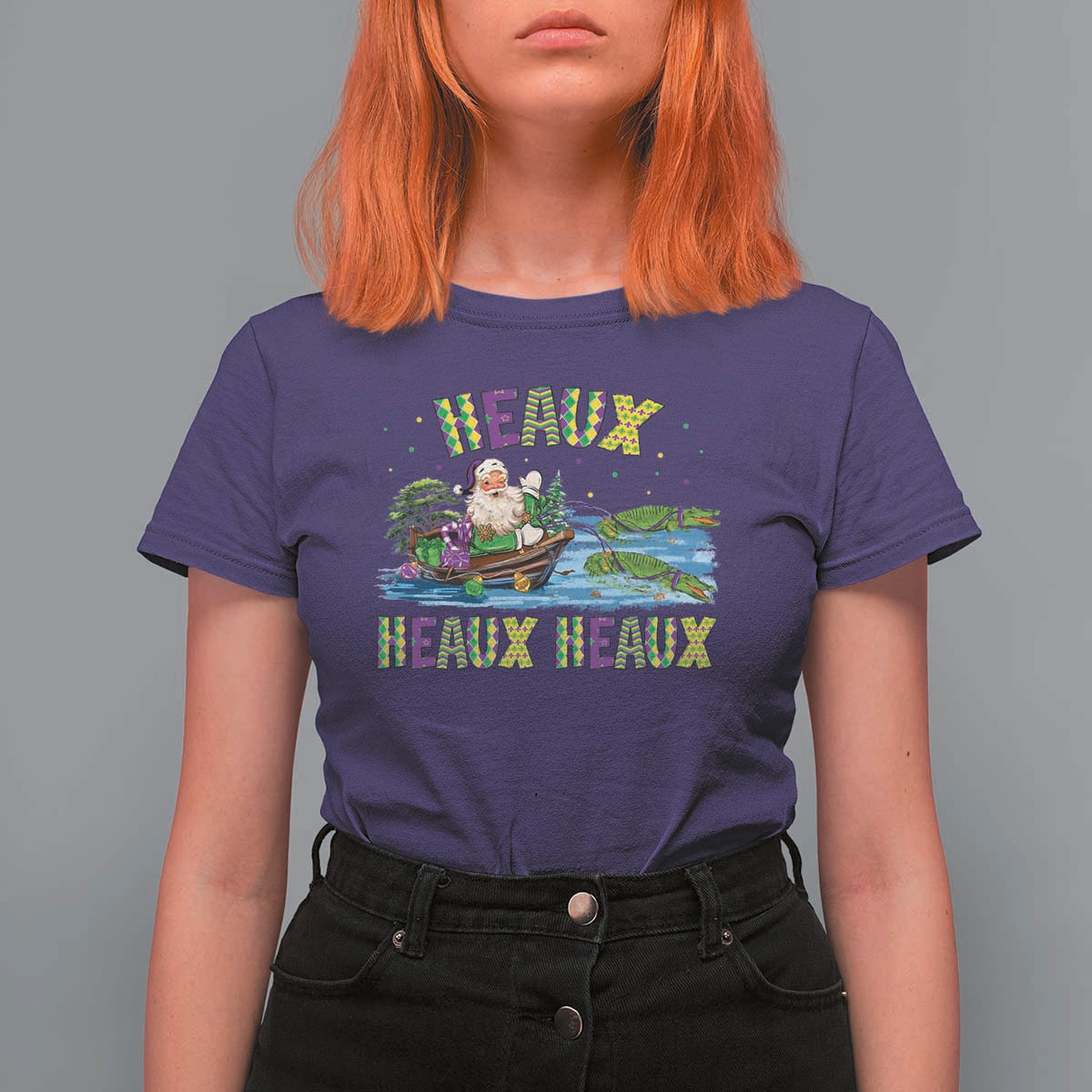 Funny Christmas Cajun Louisiana T Shirt For Women Heaux Heaux Heaux Santa Alligator - Wonder Print Shop