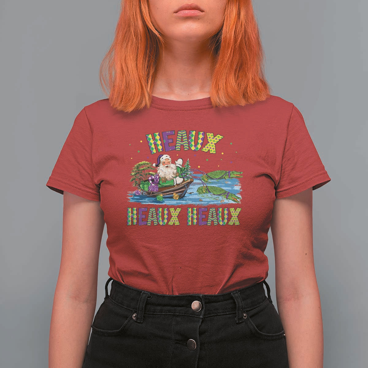 Funny Christmas Cajun Louisiana T Shirt For Women Heaux Heaux Heaux Santa Alligator - Wonder Print Shop