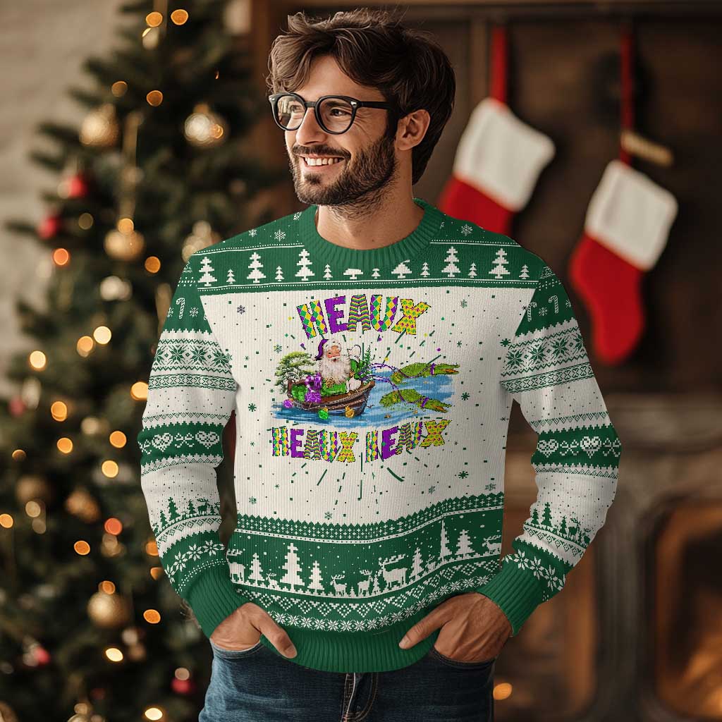Funny Xmas Cajun Louisiana Ugly Christmas Sweater Heaux Heaux Heaux Santa Alligator - Wonder Print Shop