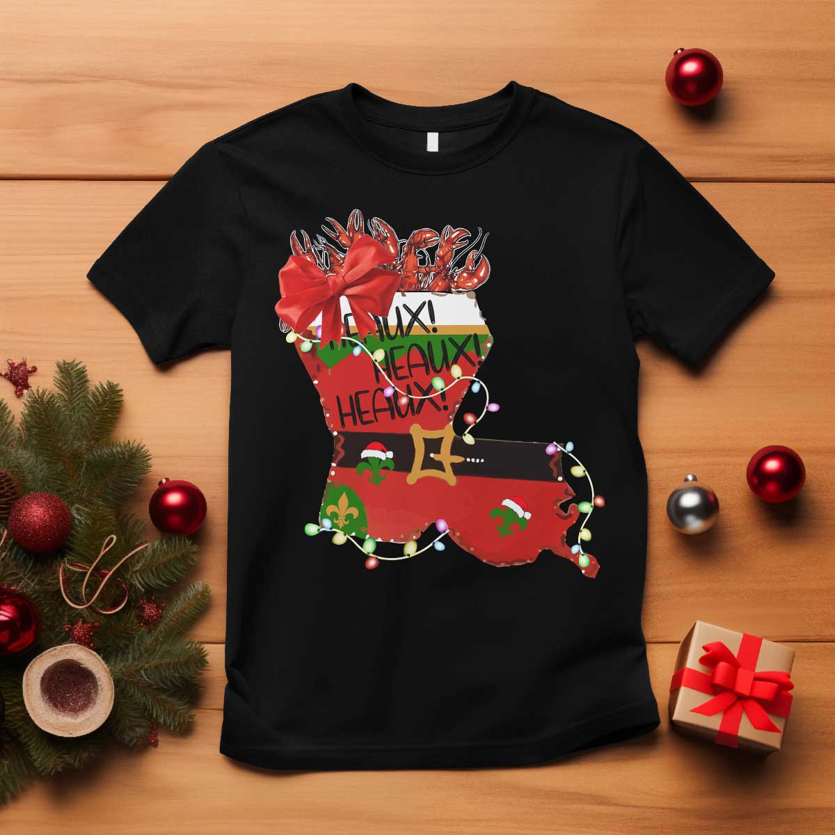 Funny Christmas Cajun T Shirt Triple Heaux Santa Louisiana Map Crawfish - Wonder Print Shop