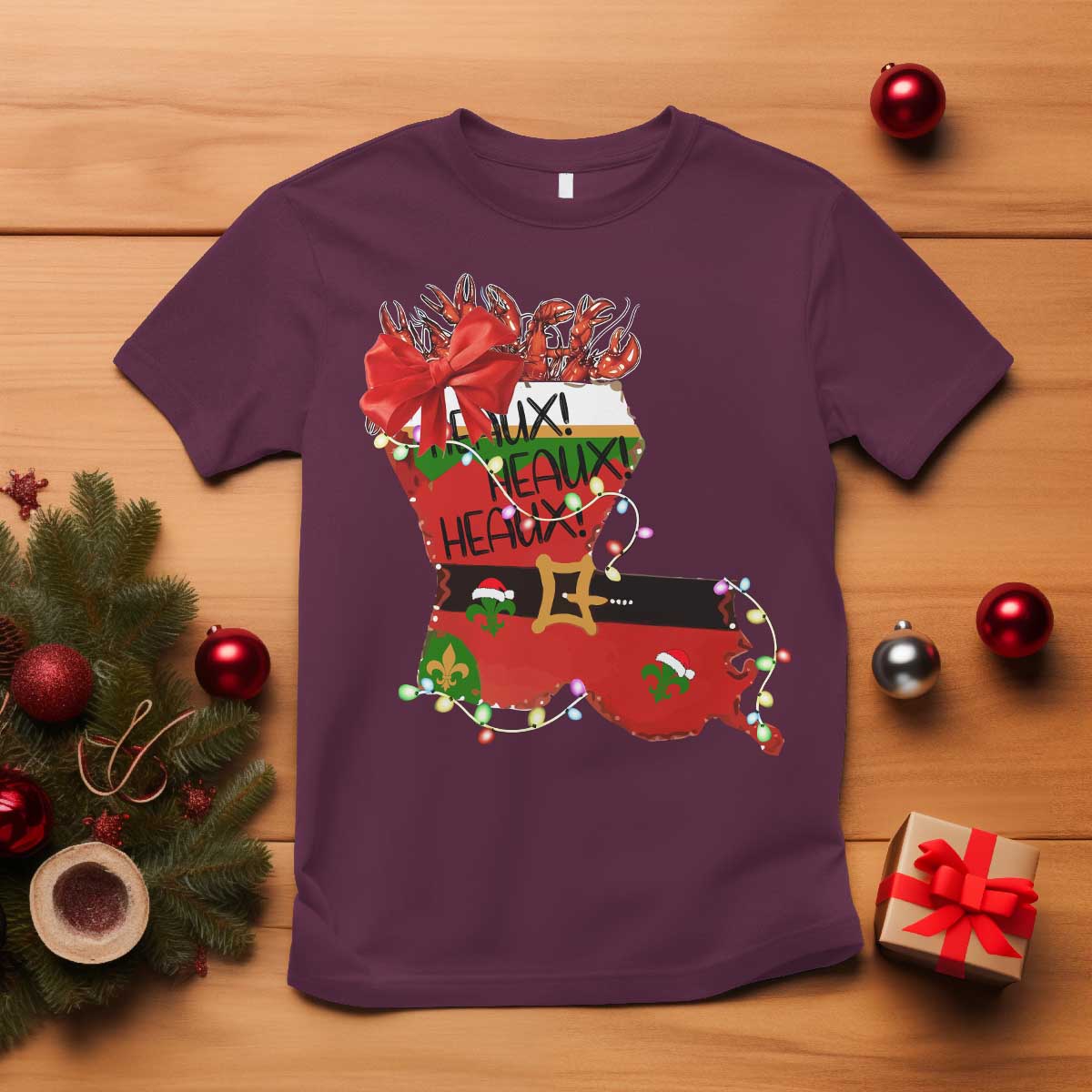 Funny Christmas Cajun T Shirt Triple Heaux Santa Louisiana Map Crawfish - Wonder Print Shop
