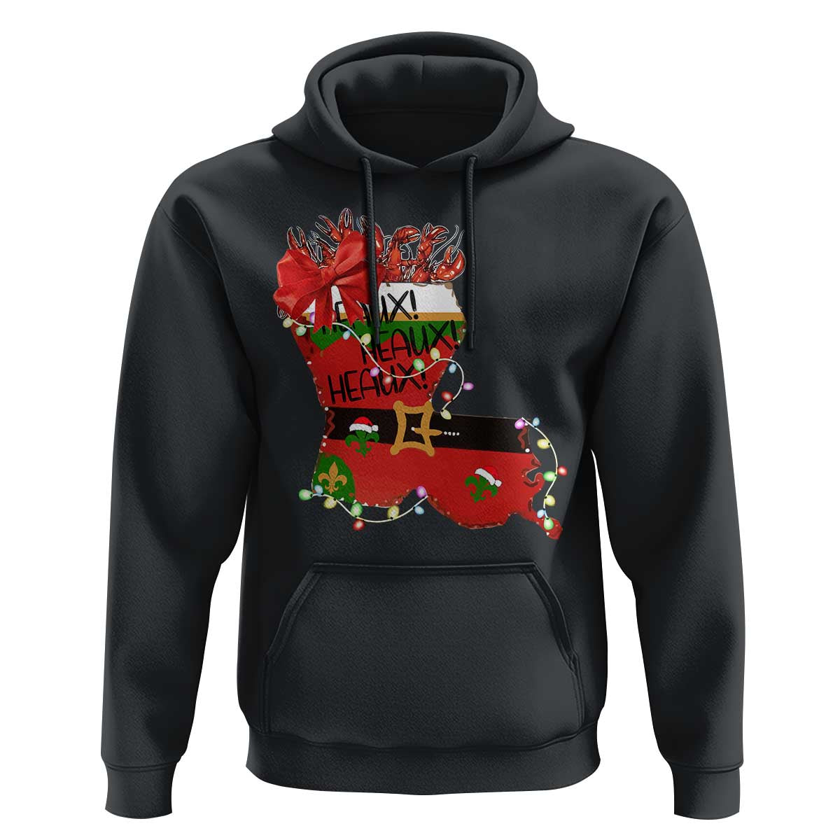 Funny Christmas Cajun Hoodie Triple Heaux Santa Louisiana Map Crawfish