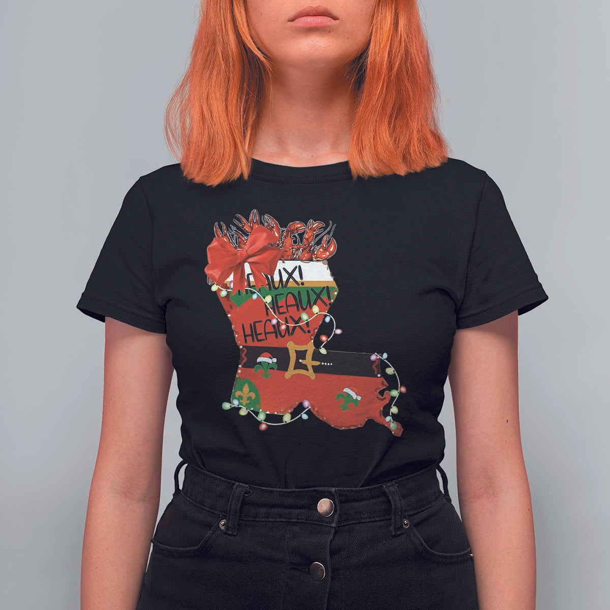 Funny Christmas Cajun T Shirt For Women Triple Heaux Santa Louisiana Map Crawfish - Wonder Print Shop