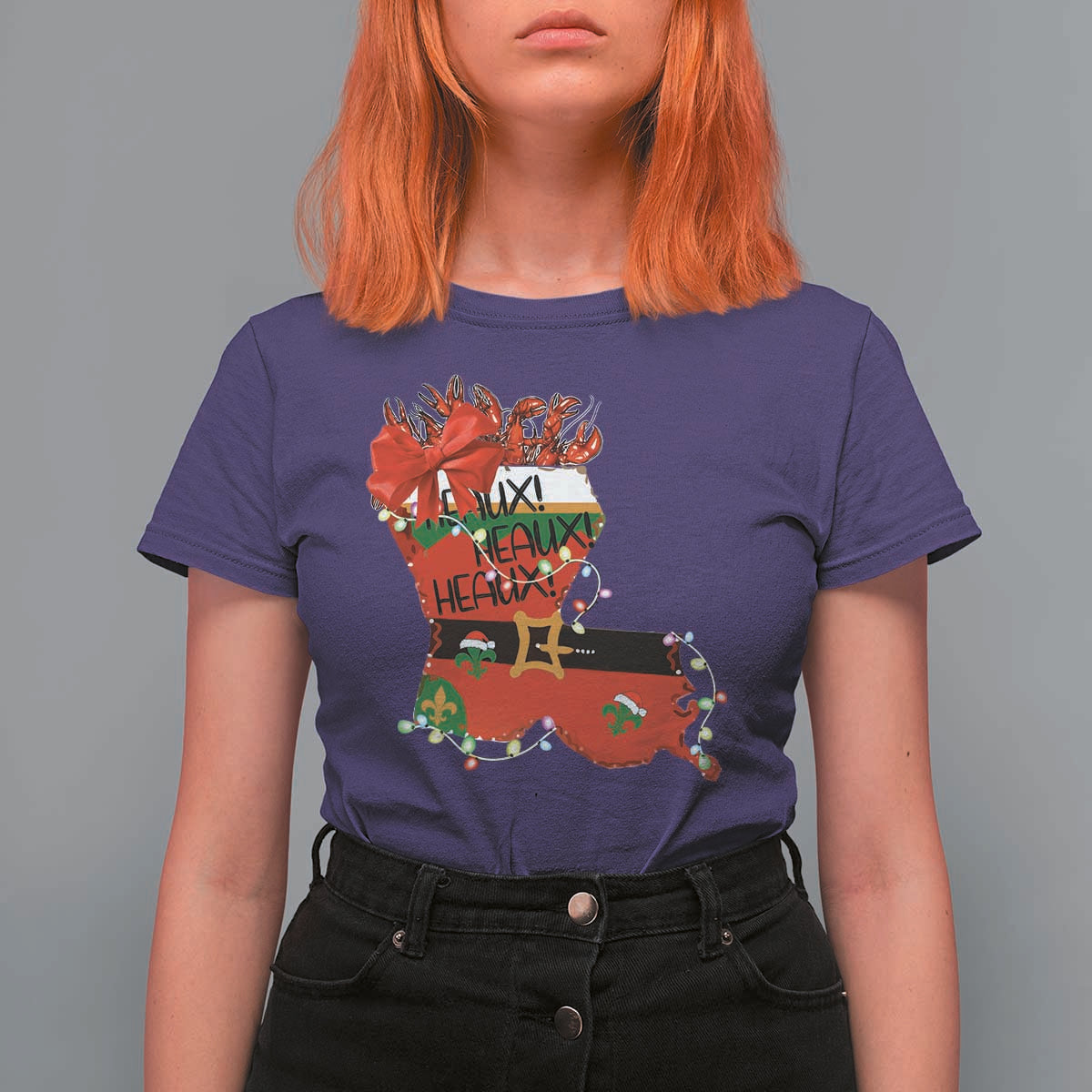 Funny Christmas Cajun T Shirt For Women Triple Heaux Santa Louisiana Map Crawfish - Wonder Print Shop
