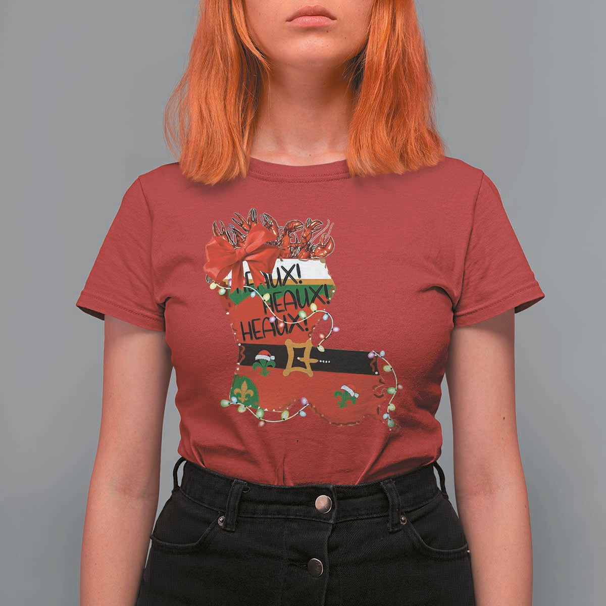 Funny Christmas Cajun T Shirt For Women Triple Heaux Santa Louisiana Map Crawfish - Wonder Print Shop
