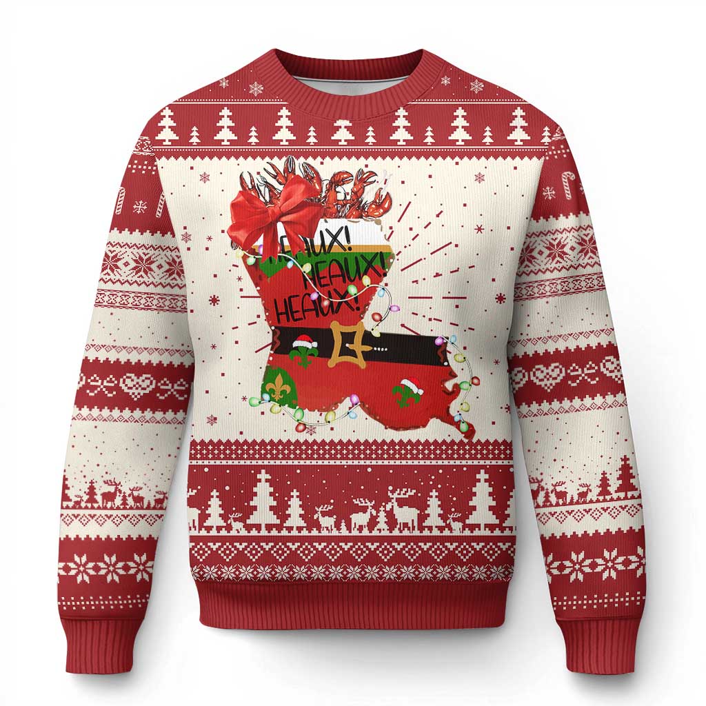 Funny Xmas Cajun Ugly Christmas Sweater Triple Heaux Santa Louisiana Map Crawfish - Wonder Print Shop