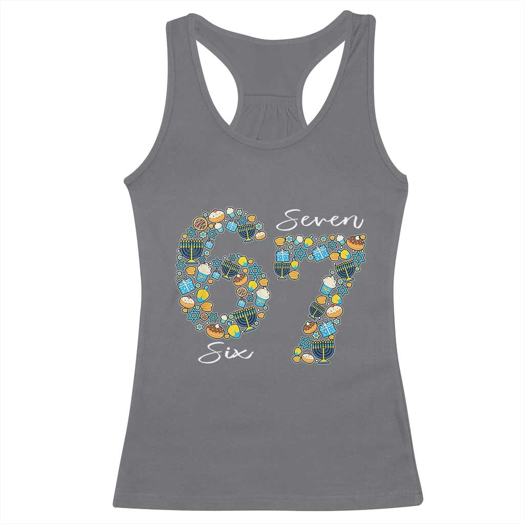 Funny Hanukkah 67 Racerback Tank Top Six Seven Meme Chanukah Dreidel Gelt Star Of David - Wonder Print Shop