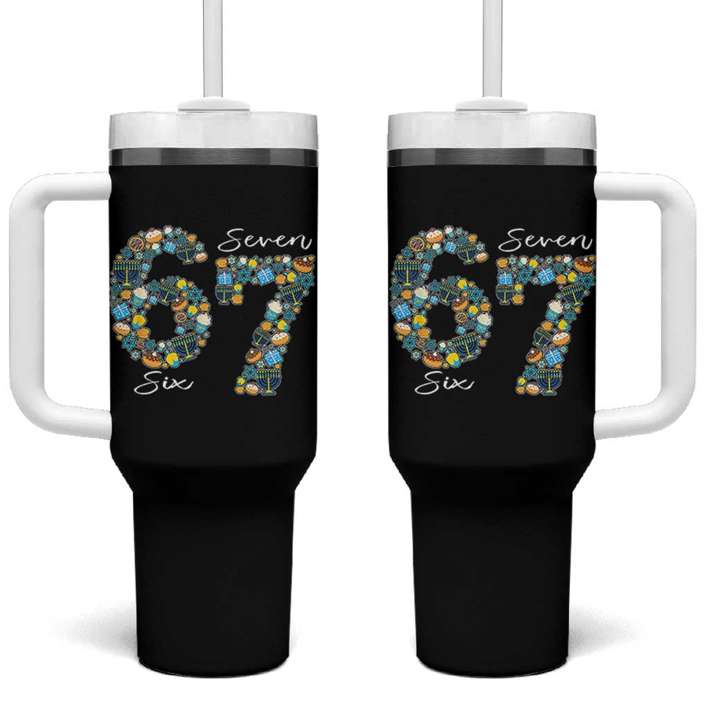 Funny Hanukkah 67 Tumbler With Handle Six Seven Meme Chanukah Dreidel Gelt Star Of David - Wonder Print Shop