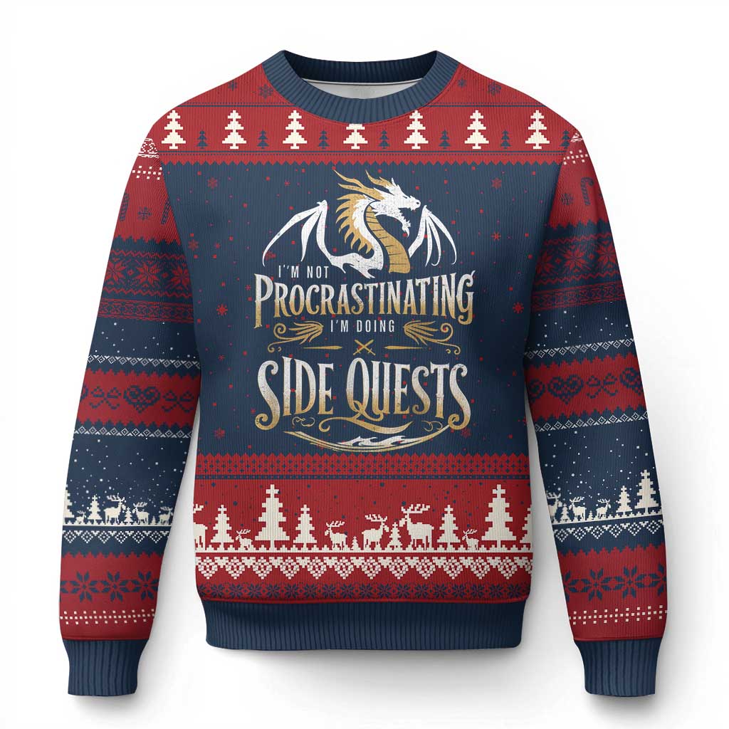 I Am Not Procrastinating I Am Doing Side Quest Ugly Christmas Sweater Fantasy Game Dragon - Wonder Print Shop