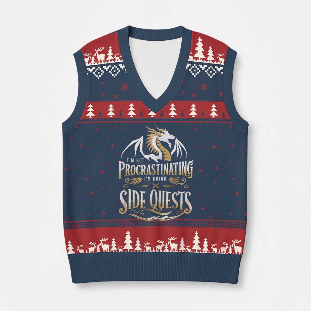 I Am Not Procrastinating I Am Doing Side Quest V-Neck Knit Sweater Vest Fantasy Game Dragon - Wonder Print Shop