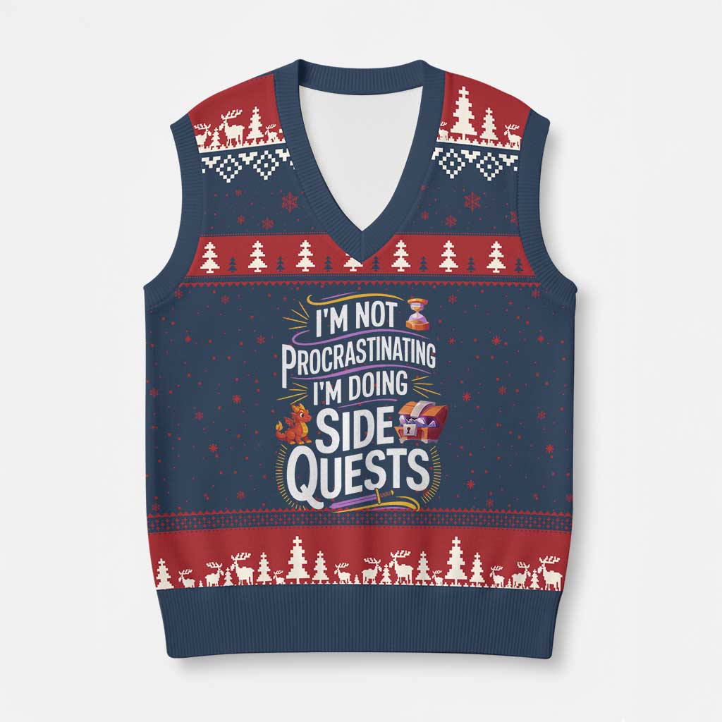 Funny I Am Not Procrastinating I Am Doing Side Quests V-Neck Knit Sweater Vest Fantasy RPG Gamer - Wonder Print Shop