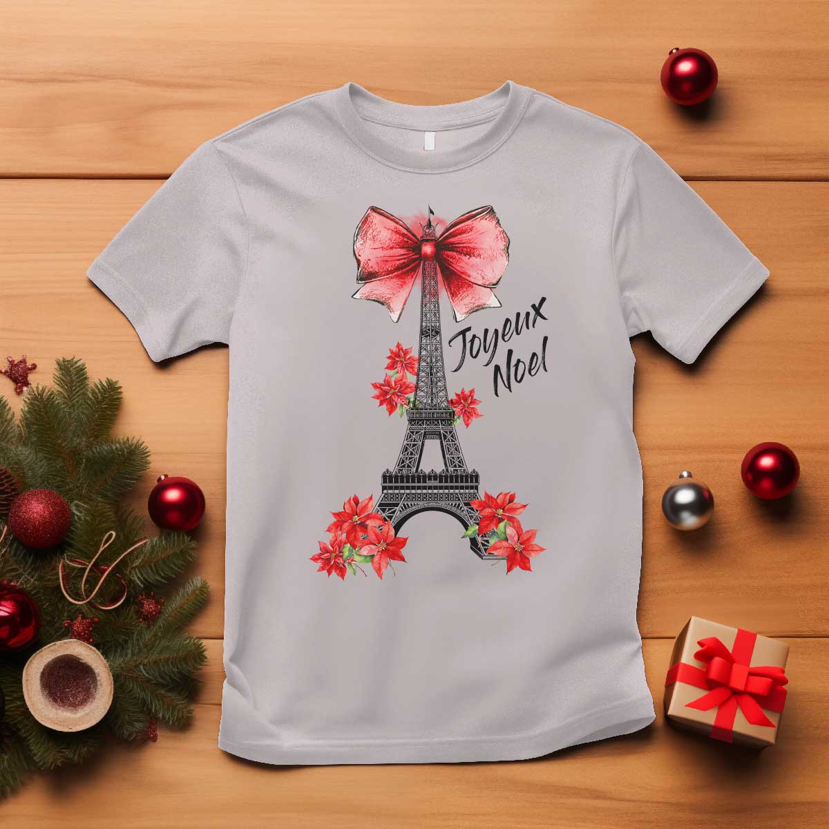 Joyeux Noel Eiffel Tower T Shirt Christmas In French Coquette Bow - Wonder Print Shop