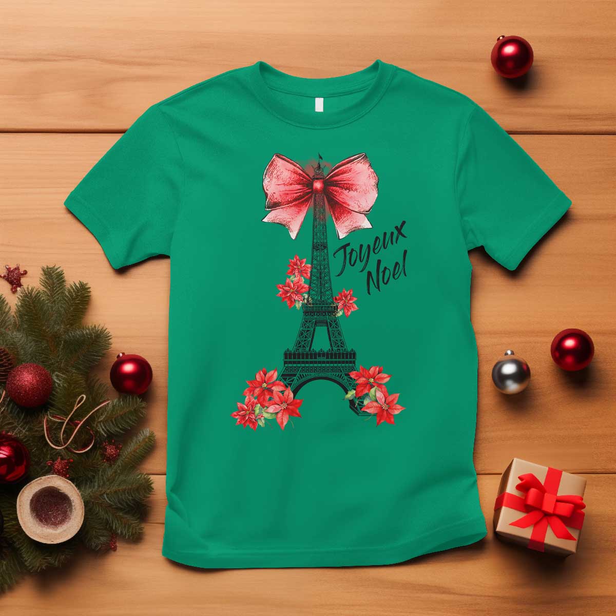 Joyeux Noel Eiffel Tower T Shirt Christmas In French Coquette Bow - Wonder Print Shop