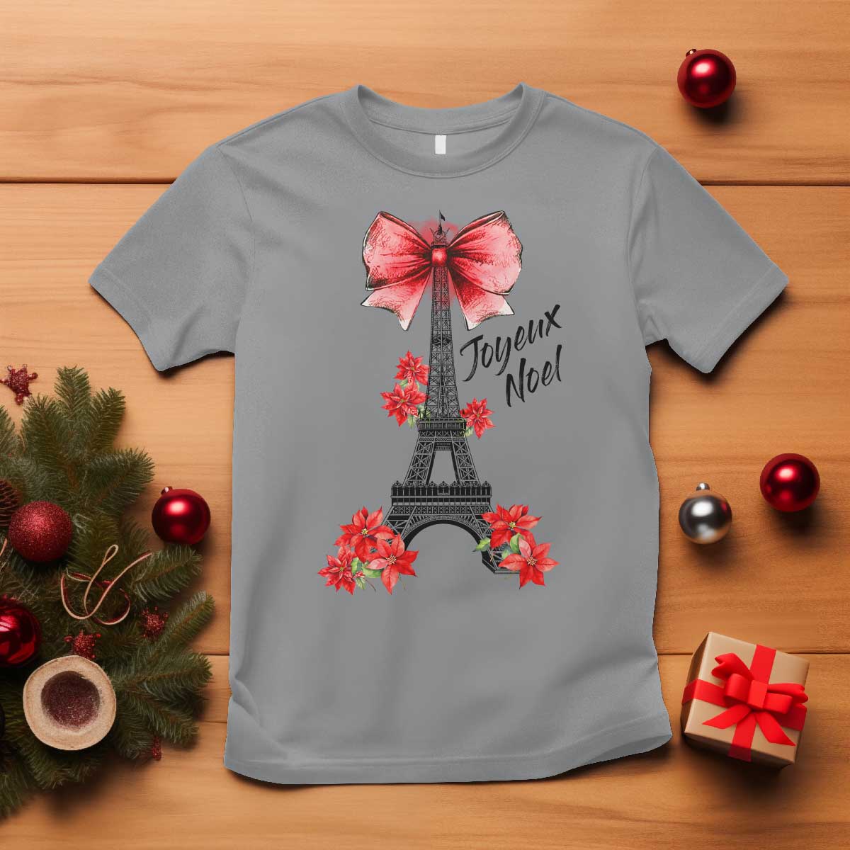 Joyeux Noel Eiffel Tower T Shirt Christmas In French Coquette Bow - Wonder Print Shop