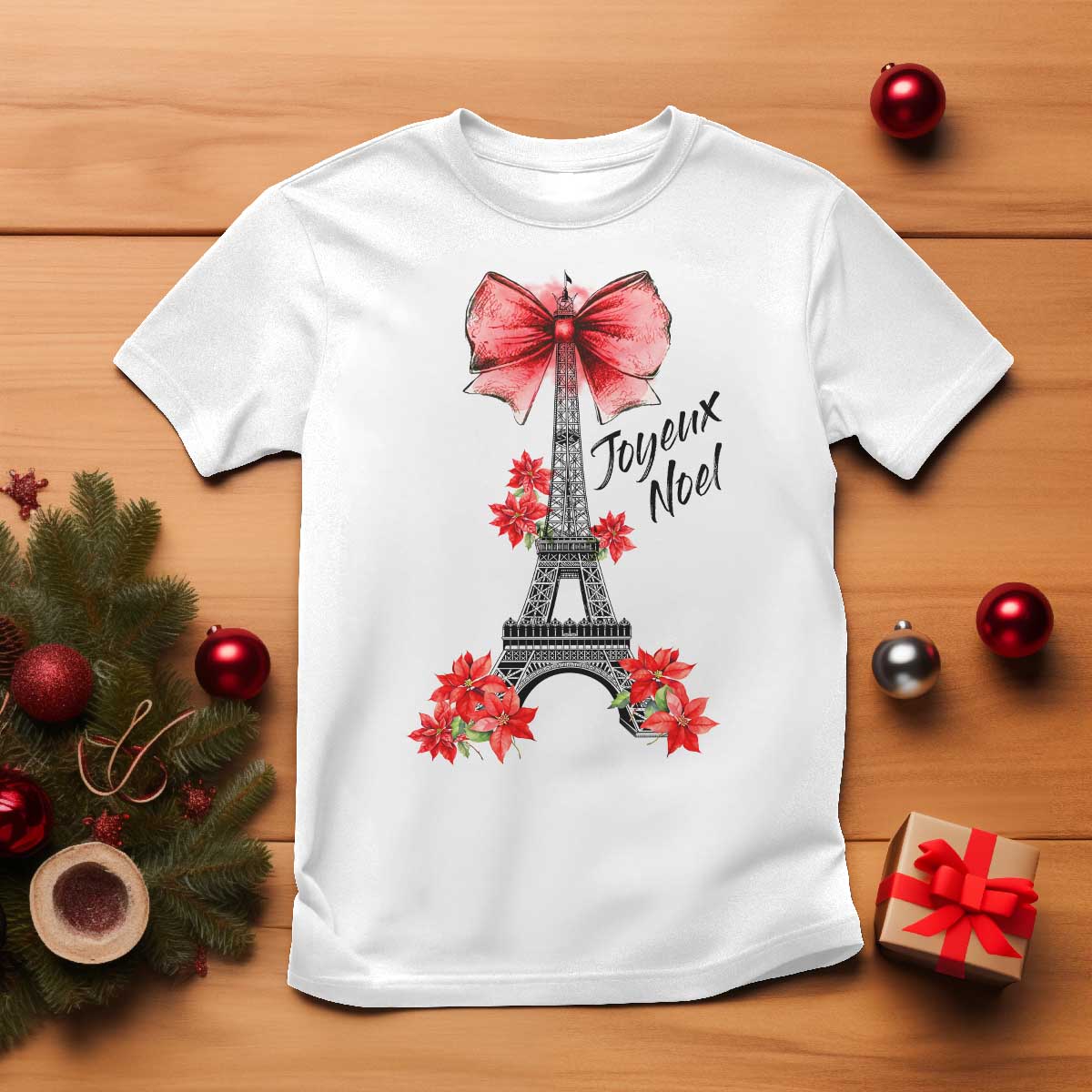 Joyeux Noel Eiffel Tower T Shirt Christmas In French Coquette Bow - Wonder Print Shop